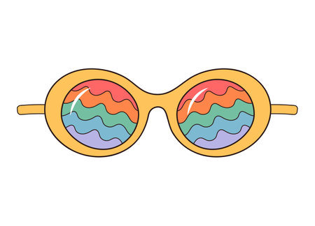 Hippie rainbow sunglasses. Groovy retro style. Round glasses with wave rainbow pattern. Vector illustration isolated on white background.のイラスト素材