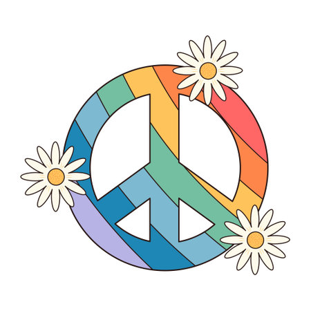 Hippie retro groovy rainbow peace symbol with daisies. Boho psychedelic cartoon element. Vector illustration isolated on white background.のイラスト素材