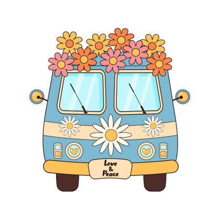 Hippie vintage bus with flowers. Groovy retro hippie travel van. Love, peace, travel, adventure, hippie culture concept.のイラスト素材