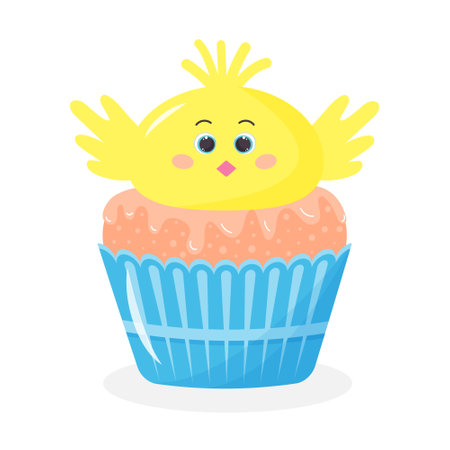 Cute Easter cupcake with baby chick head. Funny sweet muffin with cartoon chicken boy.のイラスト素材