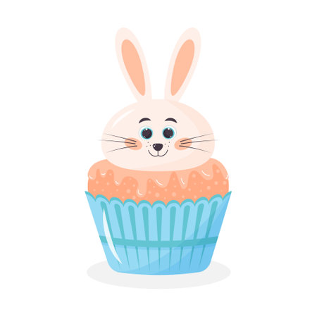 Cute Easter cupcake with bunny head. Funny sweet muffin with cartoon rabbit boy.のイラスト素材