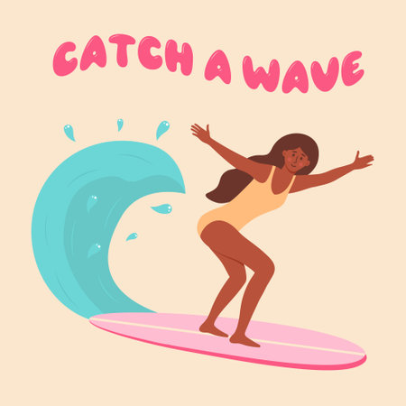 African american woman in swimsuit on the surfboard. Catch a wave quote. Summertime, active sport, surfing on ocean waves, vacation concept. Flat cartoon vector illustration.のイラスト素材