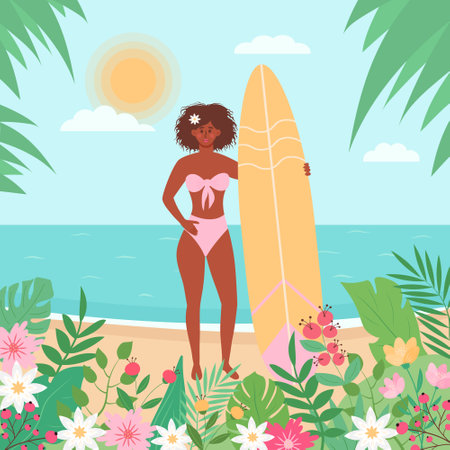 African woman in swimsuit with surfboard on the beach. Tropical palm leavesのイラスト素材