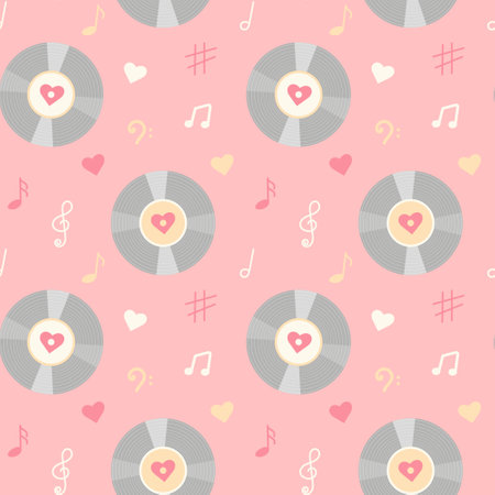 Vintage vinyl record, music notes and hearts seamless pattern.のイラスト素材