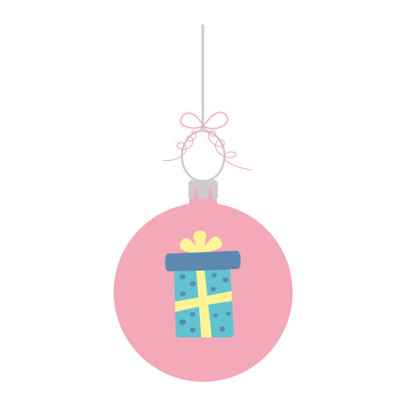 Christmas ball with gift. New Year bauble. Cute winter toy with bow.のイラスト素材