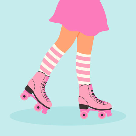 Female legs wearing retro roller skates and striped socks. rollerblading girl. Pastel color web banner design. modern poster.のイラスト素材