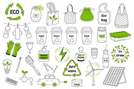 Ecology, zero waste, eco lifestyle doodle set. Hand drawn linear eco icons set. Reuse, recycle, alternative energy, nature protection, zero waste, trash recycle, green technology concept.のイラスト素材