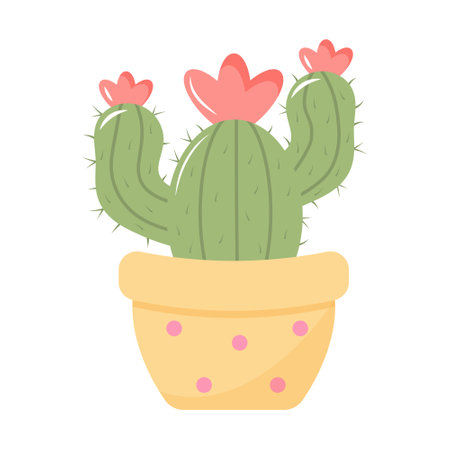 Cute blooming cactus in a pot. Domestic plant in pastel colors isolated on white background.のイラスト素材