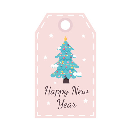 Christmas tag with decorated fir tree. Happy New Year. Holiday gift label template.のイラスト素材