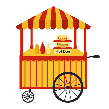 Street hot dog cart. Fast food kiosk stand with hot dogs. Vending cart on wheels as a fast eating service. cartoon flat vector illustration.のイラスト素材