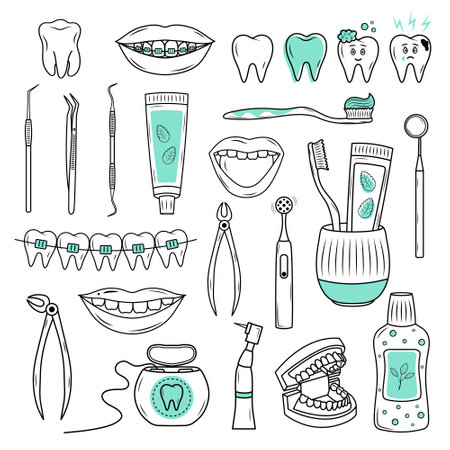Cute doodle dentist set with various dental equipment. Line icons of dentistry. Dentistry, orthodontics, oral health care and hygiene, dental instruments.のイラスト素材