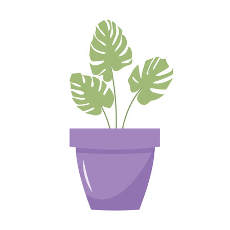 Monstera leaves in a flowerpot. still life postcard. cartoon flat illustration.のイラスト素材