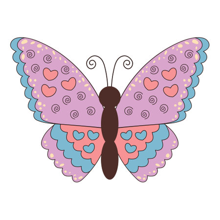 Groovy butterfly. Boho Summer retro colors butterfly icon. Hippie psychedelic element.のイラスト素材