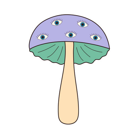 Hippie groovy mushroom with magic eyes. Retro psychedelic cartoon element. Vector illustration isolated on white background.のイラスト素材