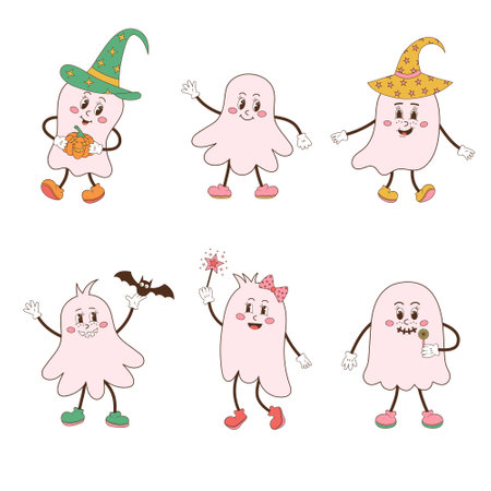 Groovy Halloween Ghost set. Retro 70s 60s cartoon characters. Cute pink spooky baby ghosts.のイラスト素材