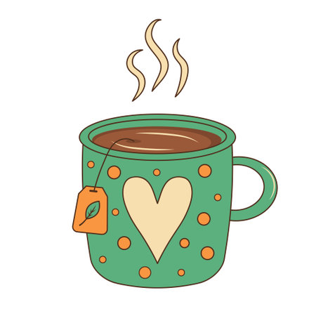 Cute mug with heart. Cozy tea cup with steam.のイラスト素材