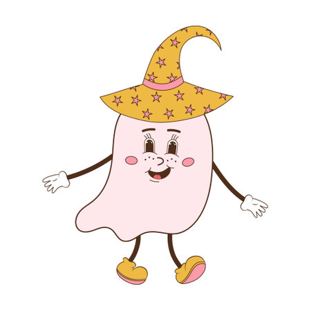 Cute groovy ghost in a hat. Retro 70s 60 characterのイラスト素材