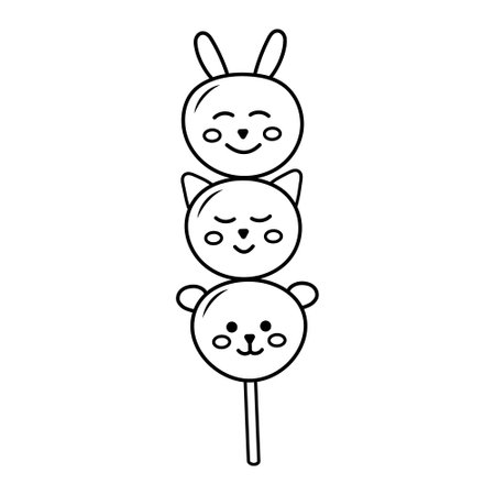 Japanese cute animal-shaped sweet mochi dango balls. Asian food mitarashi dango linear icon. Hand drawn doodle illustration.のイラスト素材