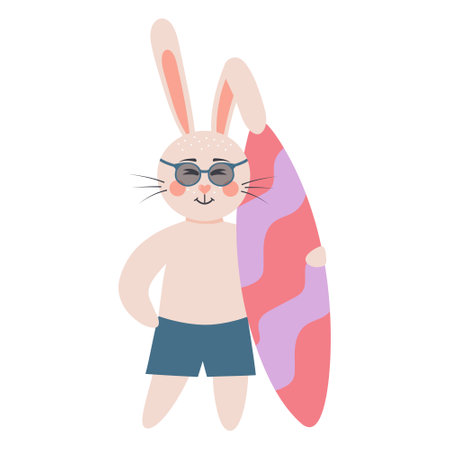 Cute rabbit in sunglasses with surfboard. Bunny boy on a beach holiday. Cartoon forest character.のイラスト素材