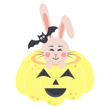 Cute rabbit sitting in a scary pumpkin with a bat on his head. Halloween bunny boy and spooky pumpkin. Cartoon forest character.のイラスト素材