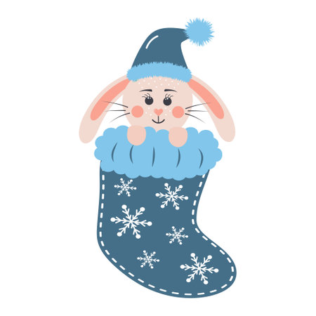 Cute baby rabbit in a christmas sock. Bunny boy in a warm winter hat. Cartoon forest character.のイラスト素材