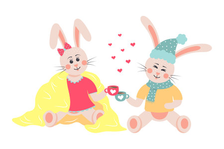 Cute rabbits in love. Bunny boy and bunny girl with coffee mugs in a warm clothes. Cartoon forest characters.のイラスト素材