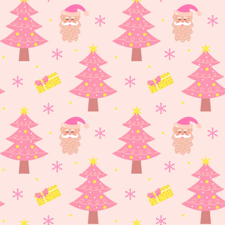 Cute pink christmas tree, gift, santa claus and snowflakes seamless pattern. Glamor pastel christmas print for wrapping or textile.のイラスト素材