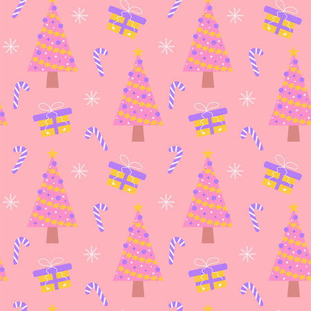 Cute pink christmas tree, candy cane, gift and snowflake seamless pattern. Glamor pastel christmas print for wrapping or textile.のイラスト素材