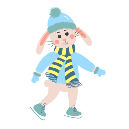 Cute rabbit on skates. Bunny boy in winter clothes. Cartoon forest characterのイラスト素材