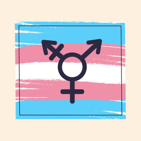 Transgender rainbow flag banner with neutral gender symbol. Blue, Pink and White brush strokes. Gender identity, gender choice, gender transition, gender self-determination concept.のイラスト素材