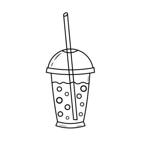 Milkshake in a plastic cup with a straw. Street food linear icon. Takeaway doodle drink.のイラスト素材