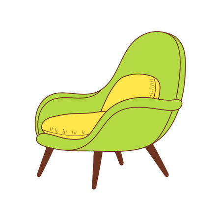 Cozy soft armchair with upholstered armrests. Color doodle icon. Modern hygge lounge furniture.のイラスト素材