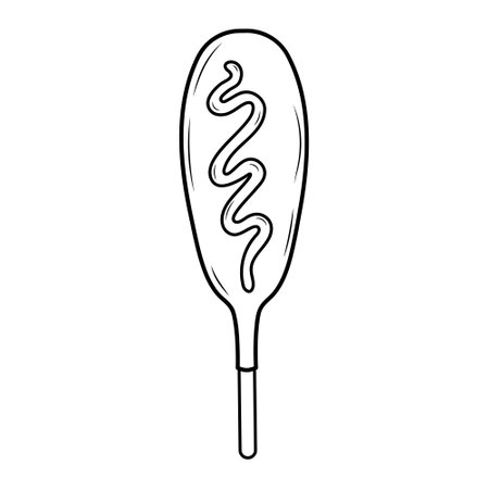 Sausage in dough on a stick with mustard. Corn dog. Fast food linear icon. American or Korean street food. Hand drawn doodle illustration.のイラスト素材
