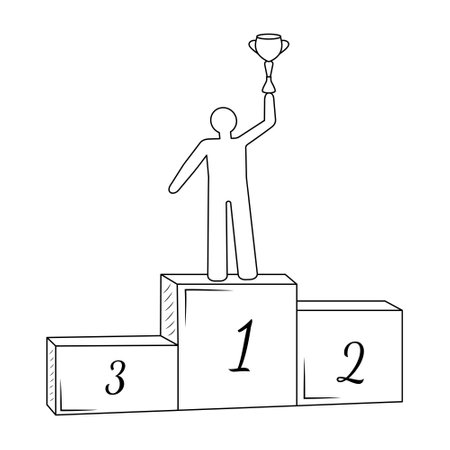 Winner on the step first place holding victory reward cup. Line art icon. Win, strategy, goals, opportunity or success concept.のイラスト素材