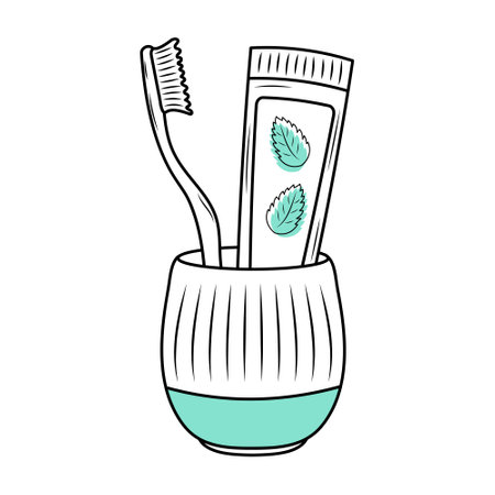 Cup with mint toothpaste and toothbrush. Linear doodle illustration with blue shapes. Dental care, oral hygiene concept.のイラスト素材