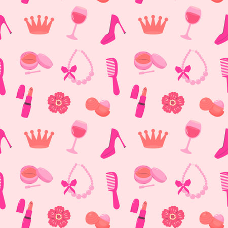 Pinkcore glamour seamless pattern. Pink pattern with cute makeup cosmetic.のイラスト素材