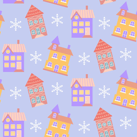 Scandinavian houses and snowflakes seamless pattern. Perfect for cards, invitations, wallpaper, banners, kindergarten, baby shower, children's room decoration.のイラスト素材