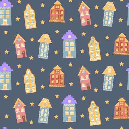 Scandinavian houses and stars seamless pattern. Perfect for cards, invitations, wallpaper, banners, kindergarten, baby shower, children's room decoration.のイラスト素材
