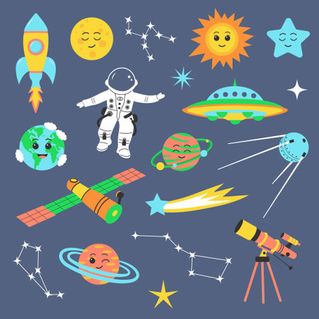 Cute outer space universe set. Cosmic bundle with cartoon planets, spaceship, satellites, astronaut...