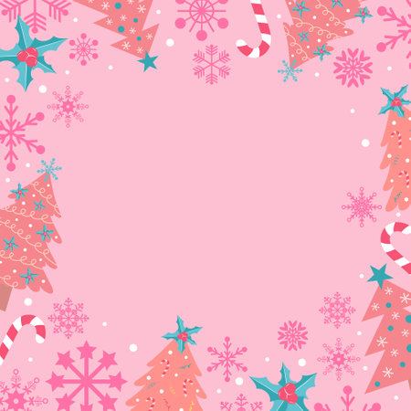 Pastel pink background with snowflakes, Christmas trees, holly berries and candy cane. Festive Xmas design. Glamor pinkmas style. Empty space for your text. Template for cards, banner, poster.のイラスト素材