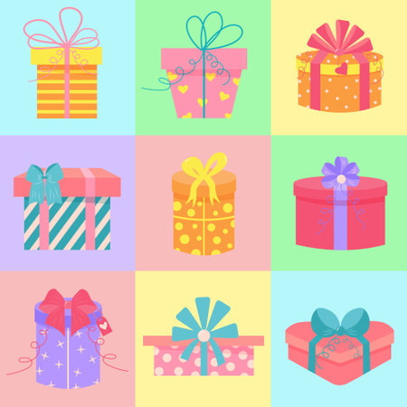 Seamless square pattern with gift presents. Geometric checkered print for wrapping paper, background, wallpaper, posters.のイラスト素材