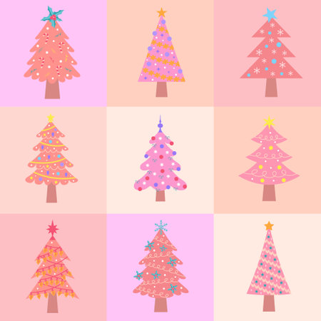 Seamless square pattern with pink Christmas trees of different shapes. Geometric checkered print for wrapping paper, background, wallpaper, posters.のイラスト素材