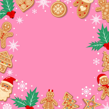 Pastel pink background with snowflakes, gingerbreads and holly. Festive Xmas design. Empty space for your text. Template for cards, banner, poster.のイラスト素材