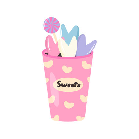 Glass of sweets. Heart-shaped candies and spiral lollipop.のイラスト素材