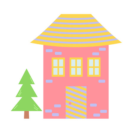 Pink sweet home with fir tree. Cute cartoon dollhouse. Hand drawn vector illustration isolated on white background.のイラスト素材