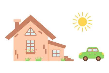 Sweet pastel home with car and sun. Cute cartoon fairytale dollhouse.のイラスト素材