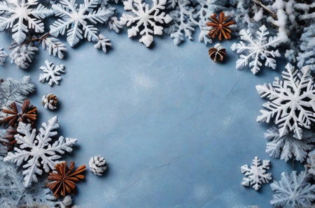 Christmas background with snowflakes and cones on light blue slate texture. Top view, copy space. Winter flatlay. AI generative.の素材