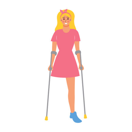 Woman on crutches with no legs. Female character undergoing rehabilitation after trauma or accident. Disabled person. Support, special needs, limb amputation concept.のイラスト素材