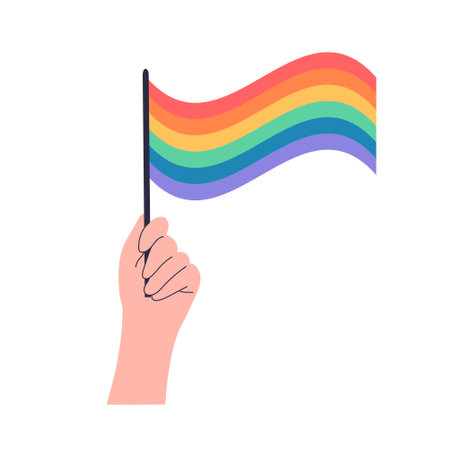 Hand holding rainbow flag. Cute cartoon symbol of LGBT Pride month. Vector illustration isolated on white background.のイラスト素材