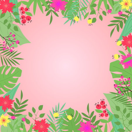 Summer tropical background with flowers and leaves, plants and berries.のイラスト素材